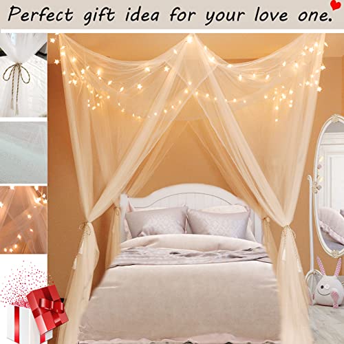 Obrecis White Bed Canopy with Lights for Girls Bedroom Decor, 8 Corner Princess Canopy Bed Curtains with Warm White LED Star String Lights Remote Control Canopy for Bed Twin Full Queen King Size Bed - Image 4