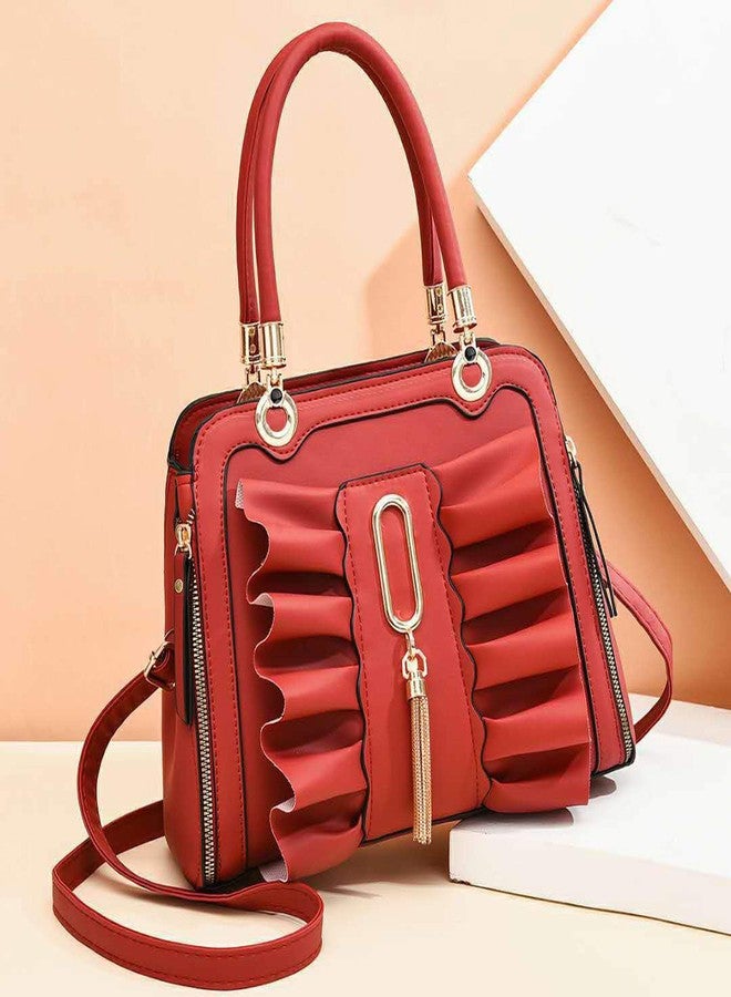 ARURA (LABEL) PU Leather Top Handle Satchel Bag Messenger Shoulder Bags (Bright Red) - Image 3