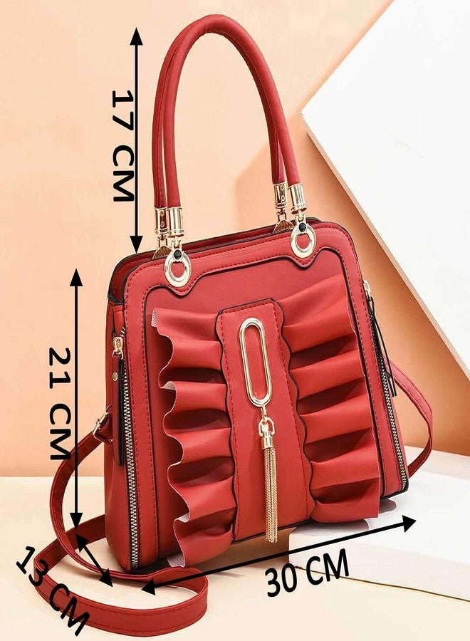 ARURA (LABEL) PU Leather Top Handle Satchel Bag Messenger Shoulder Bags (Bright Red) - Image 2