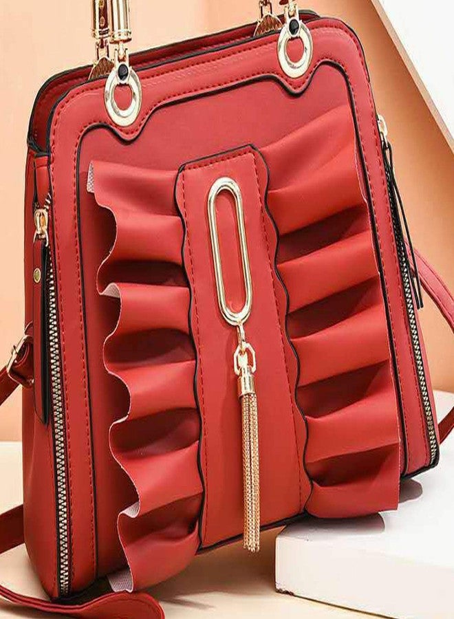 ARURA (LABEL) PU Leather Top Handle Satchel Bag Messenger Shoulder Bags (Bright Red) - Image 5