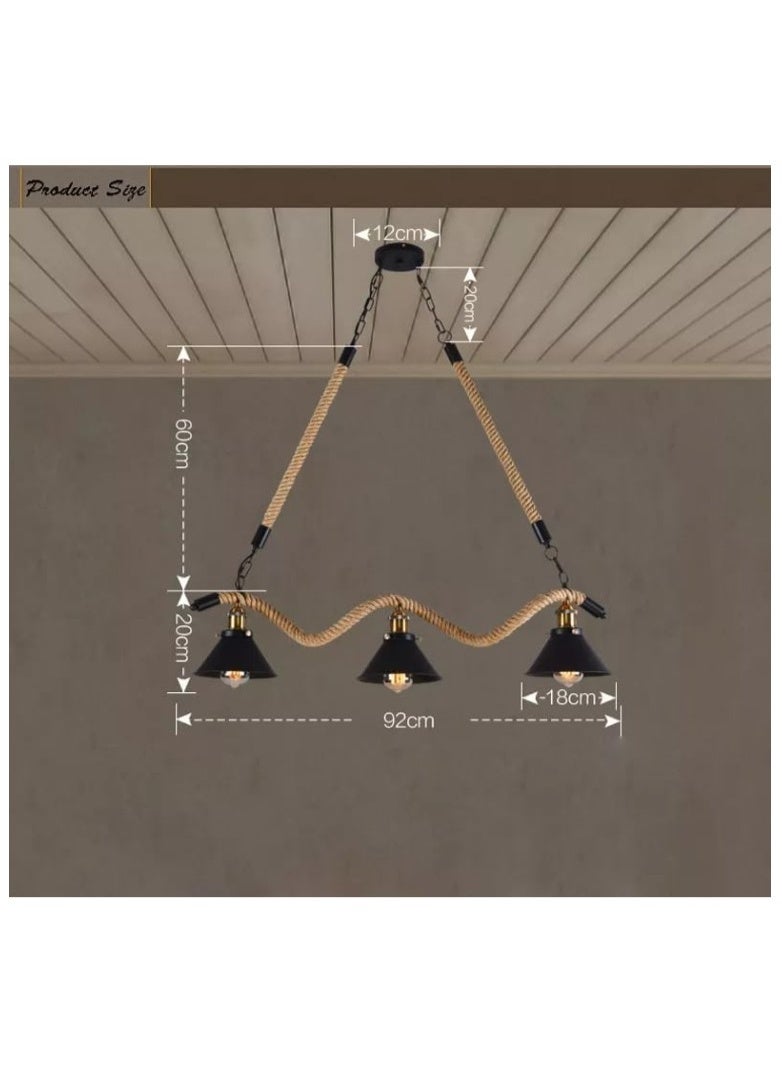 Rustic Industrial Rope Pendant Light Fixture – 3-Light Vintage Ceiling Lamp with Black Metal Shades & Adjustable Hemp Rope for Dining Room, Kitchen Island, Bar, Café, Farmhouse & Living Space Décor - Image 3