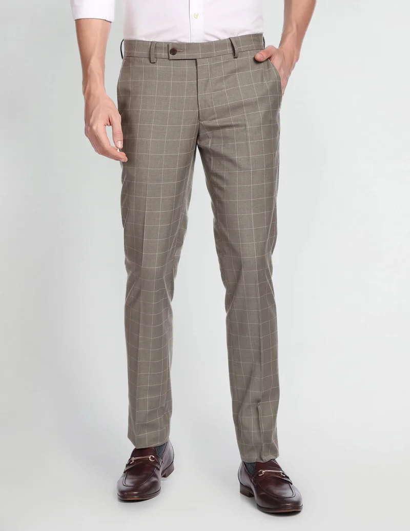 Arrow Brown Windowpane Check Smart Flex Formal Trousers for Men | Best Price UAE