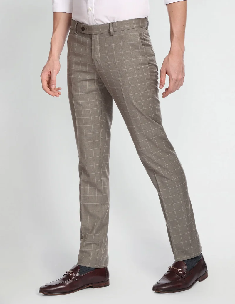 Arrow Brown Windowpane Check Smart Flex Formal Trousers for Men | Best Price UAE