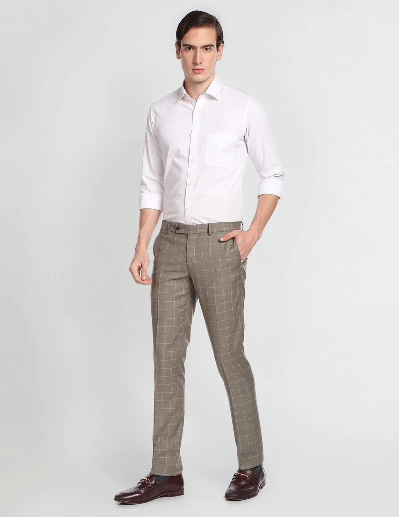 Arrow Brown Windowpane Check Smart Flex Formal Trousers for Men | Best Price UAE
