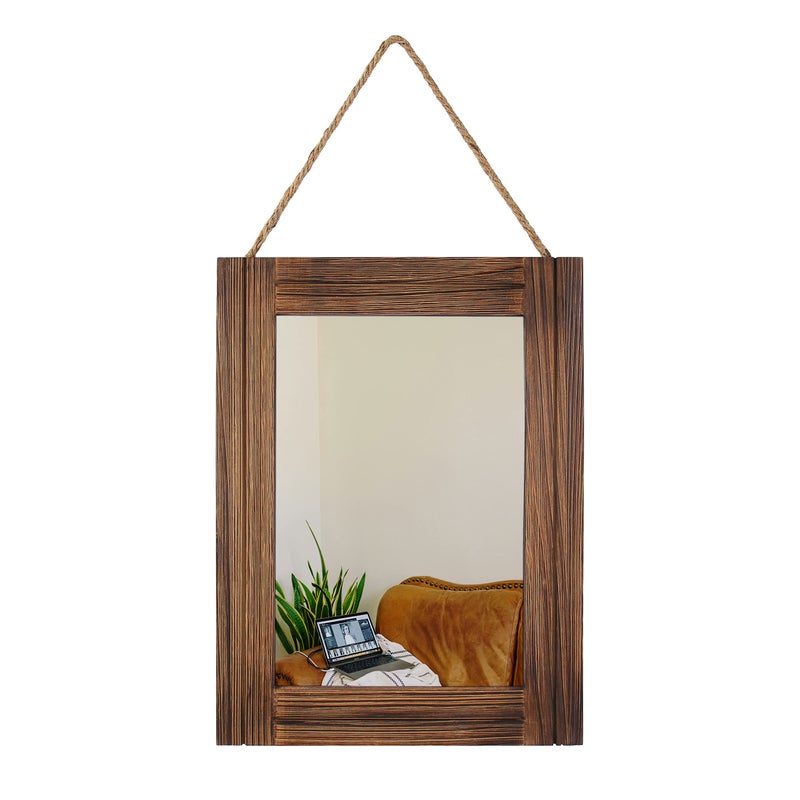 Emaison 16 X 12 Inch Rustic Wood Framed Wall Mirror with Hanging Rope for Farmhouse Decor for Entryway Bedroom Bathroom Dresser Brown
