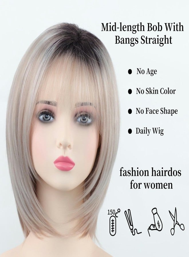 RENERSHOW Layered Pixie Bob Wig with Bangs Straight Hair Wigs for White Women Rose Blonde 12inch Synthetic Ombre Bob Natural Looking Daily Party Wig - Image 5