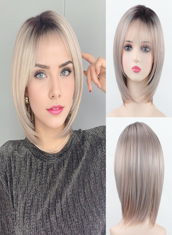 RENERSHOW Layered Pixie Bob Wig with Bangs Straight Hair Wigs for White Women Rose Blonde 12inch Synthetic Ombre Bob Natural Looking Daily Party Wig - Image 2