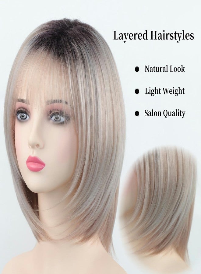 RENERSHOW Layered Pixie Bob Wig with Bangs Straight Hair Wigs for White Women Rose Blonde 12inch Synthetic Ombre Bob Natural Looking Daily Party Wig - Image 4