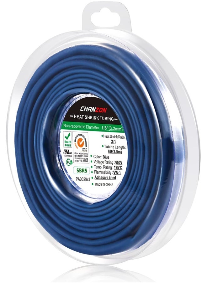 CHANZON Chanzon 3:1 Ratio 1/8" (3.2mm) Heat Shrink Tubing - Marine Grade Waterproof Adhesive Lined - 8Ft Roll (2.5M Total Length) Blue Polyolefin Sleeving Wrap Shrinking 3 to 1 Ratio 1pcs 