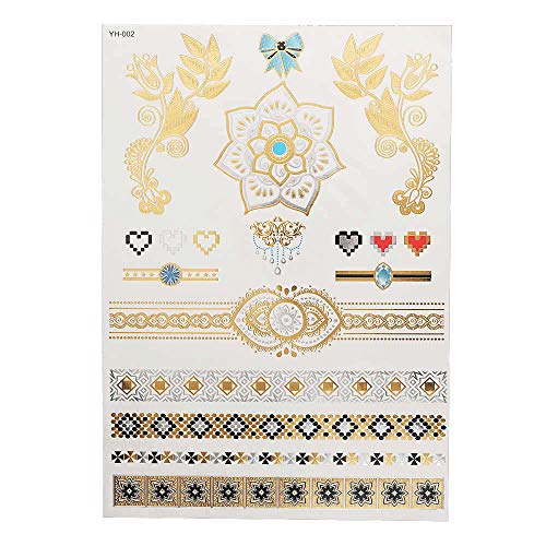 S.A.V.I 3D Temporary Tattoo Golden and Silver Metallic Sticker Bow Flower Hearts Design Size 21x15cm - 1pc. (2), Gold, 4 g - Image 1