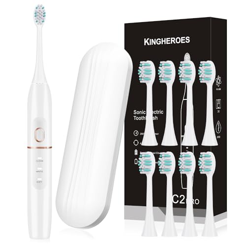 kingheroes Electric Toothbrush Set, Comes with 8 Brush Heads & Travel Case,4 Modes with 2 Minutes Built in Smart Timer, One Charge for 60 Days, 42000 VPM Motor (White) - Image 1