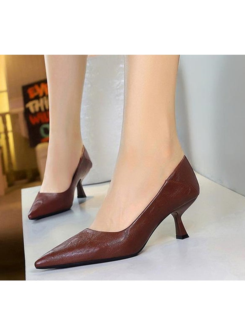 BIGTREE Women's Closed Pointed Toe Mid Heels Kitten Heel Pumps Wine Red 6CM - Image 4