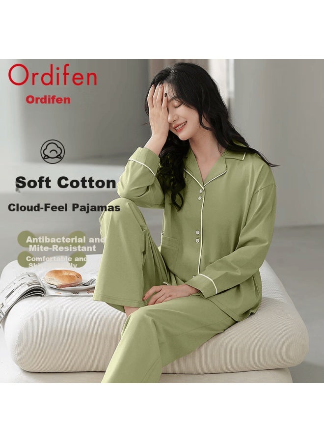 Ordifen Women's Pajamas Spring And Autumn Pure Cotton Lapel Cardigan Long Sleeve Long Pants New Comfortable Wearable Homewear