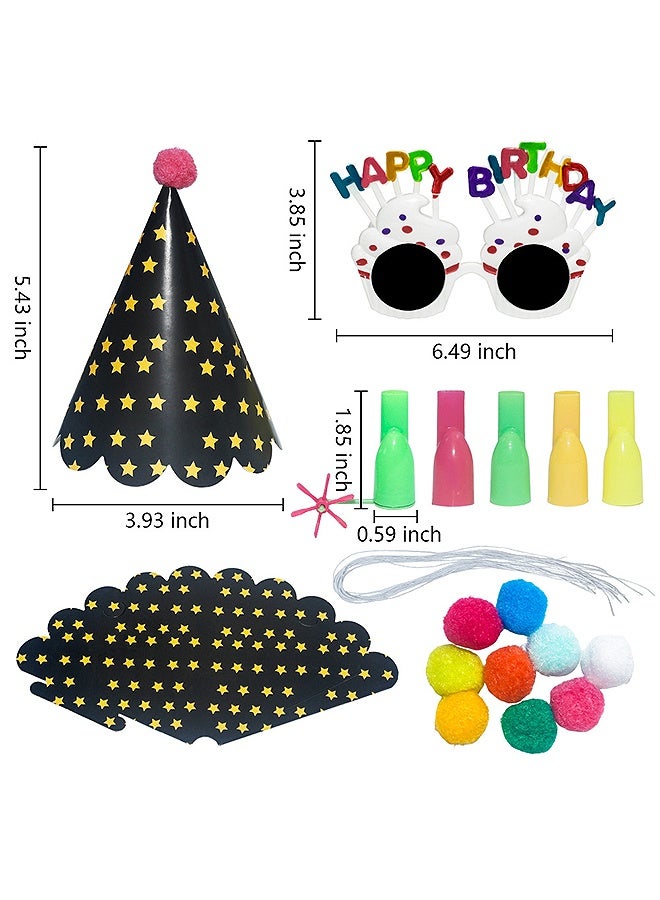 MXN 9 Pcs Colorful Birthday Party Hat with 2 Birthday Glasses and 4 whistles, Pompoms Cone Paper Hat for Kids and Adults Birthday, Party Supplies Photo Props - Image 2