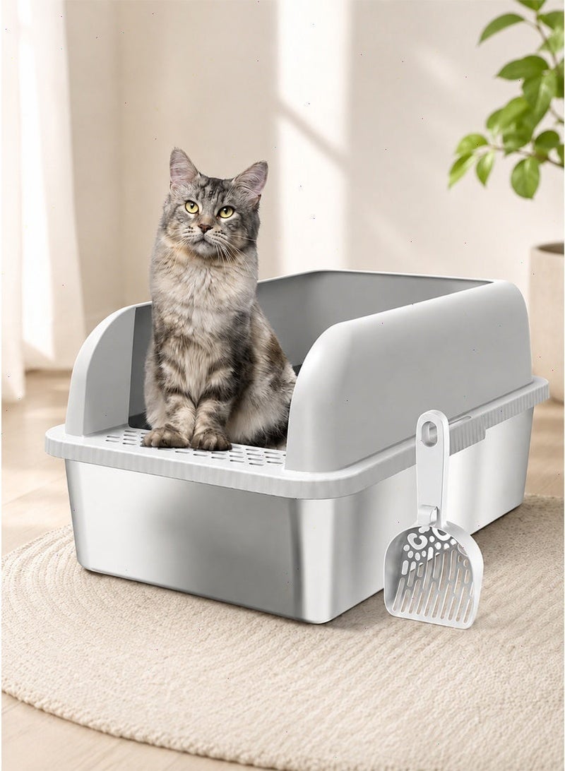 Cat Litter Box, High-Sided Design Prevents Urine Leakage, Non-Stick, Easy to Clean, Includes Scoop, （Gray） - Image 1