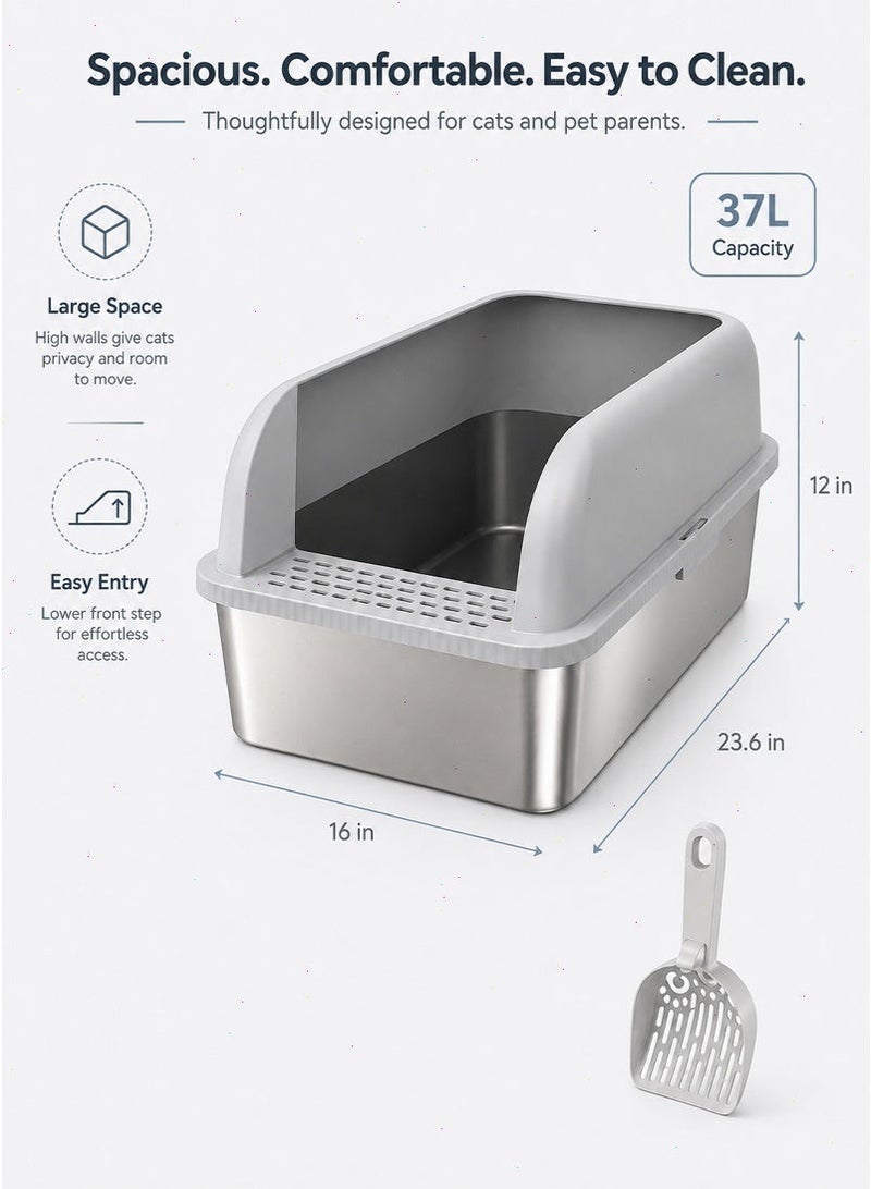 Cat Litter Box, High-Sided Design Prevents Urine Leakage, Non-Stick, Easy to Clean, Includes Scoop, （Gray） - Image 2
