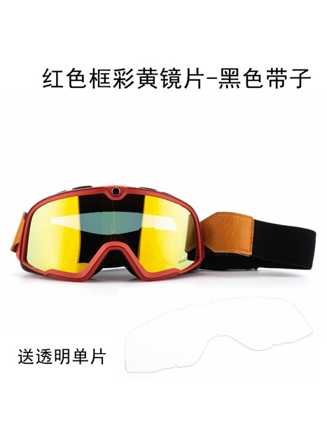 Retro Off-road Motorcycle Goggles Red Frame Yellow Lens Black Strap with Clear Lens