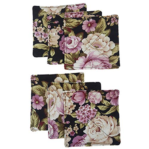 CUSHYSTORE Canvas 2 Layers Coasters Saucers Absorbant Mat Pad Floral Botanical Style Fabric Quilted for Glass Cup Drinking 4", 6 Pack (Night Rose Garden) - Image 1