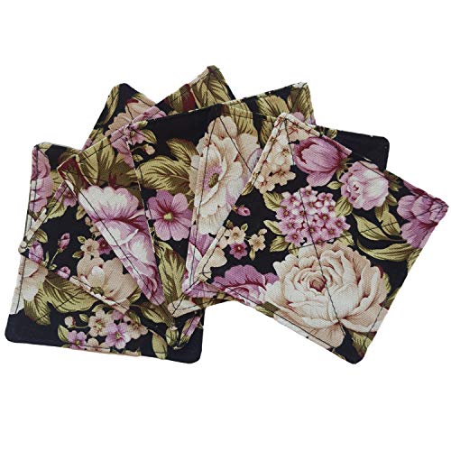 CUSHYSTORE Canvas 2 Layers Coasters Saucers Absorbant Mat Pad Floral Botanical Style Fabric Quilted for Glass Cup Drinking 4", 6 Pack (Night Rose Garden) - Image 2