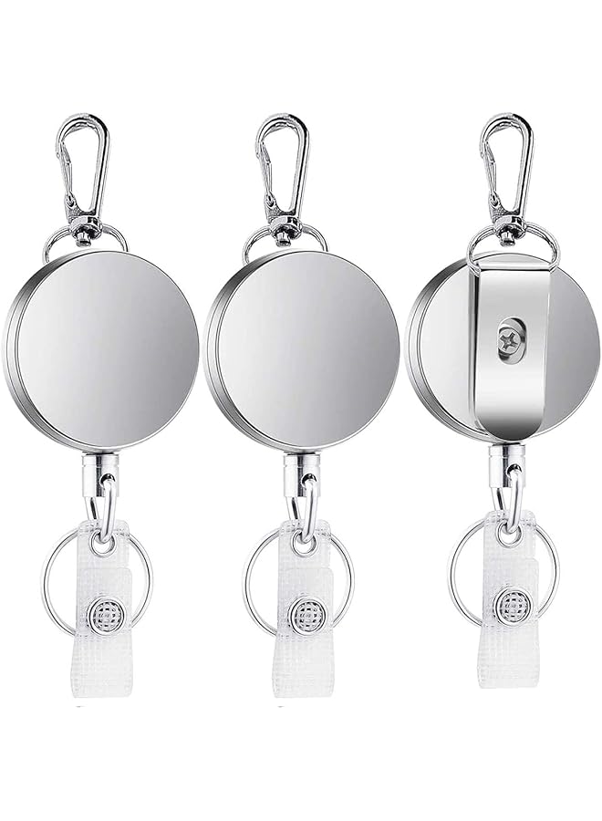 إيروريكس حامل شارة قابل للسحب مع مشبك بكرة مكون من 3 قطع حامل شارة معدني قوي مع خطاف دوار وجسم معدني ومشبك وحزام هوية قابل للسحب وحلقة مفاتيح وسلسلة مفاتيح فضية - Image 1