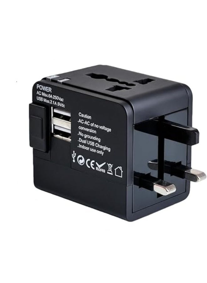 Universal Travel Adapter International Socket Outlet Dual USB Plug Charger 2 Worldwide for Phone Laptop (Black) - Image 1