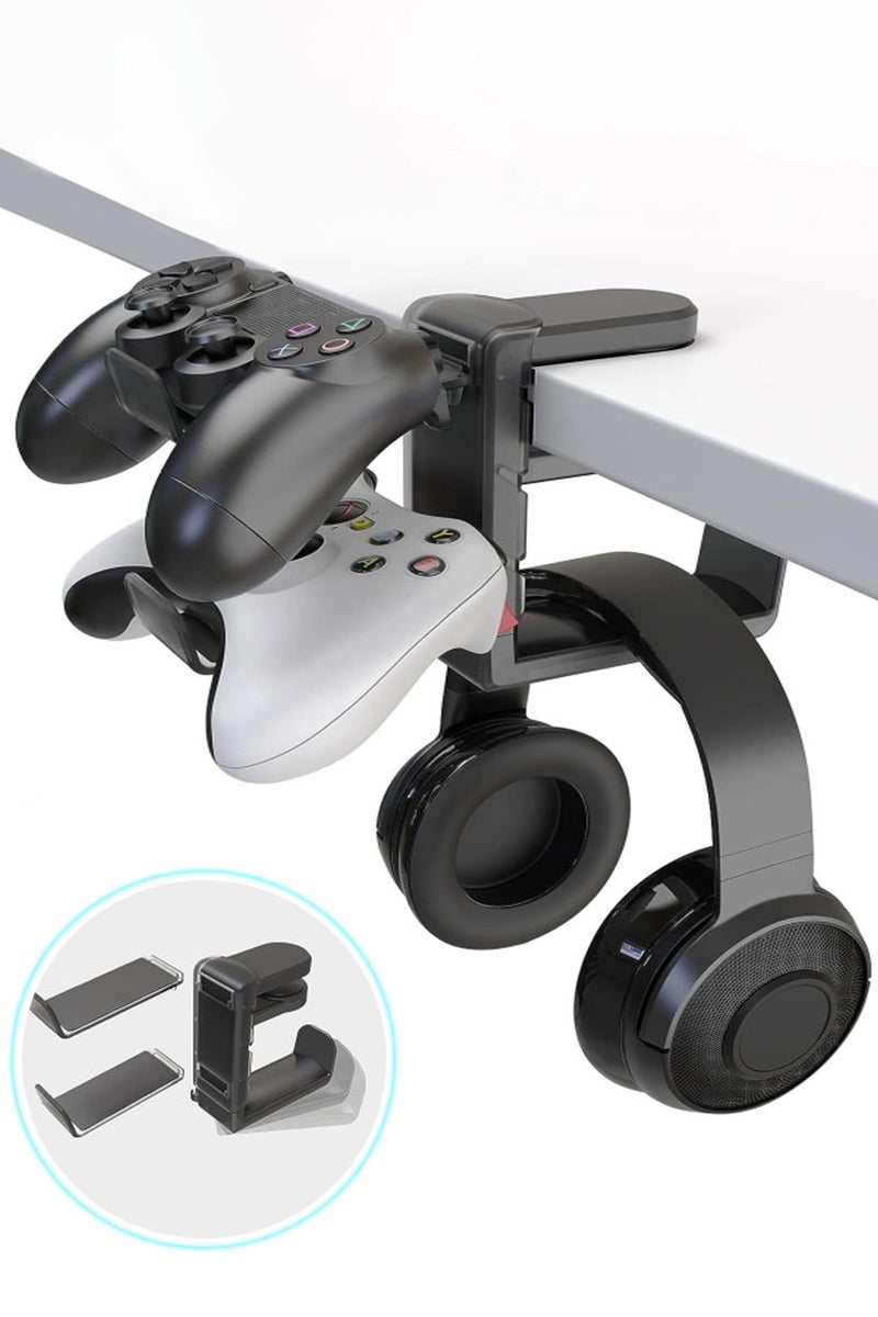 DRAKLAW 3-in-1 PC Gaming Headset and Controller Holder, Headphone Stand with 360° Rotation Non-Slip Clamp & 2 Controller Holders, Universal Gaming Accessories Organizer for Controllers, Headphones, and Cables,Black - Image 1