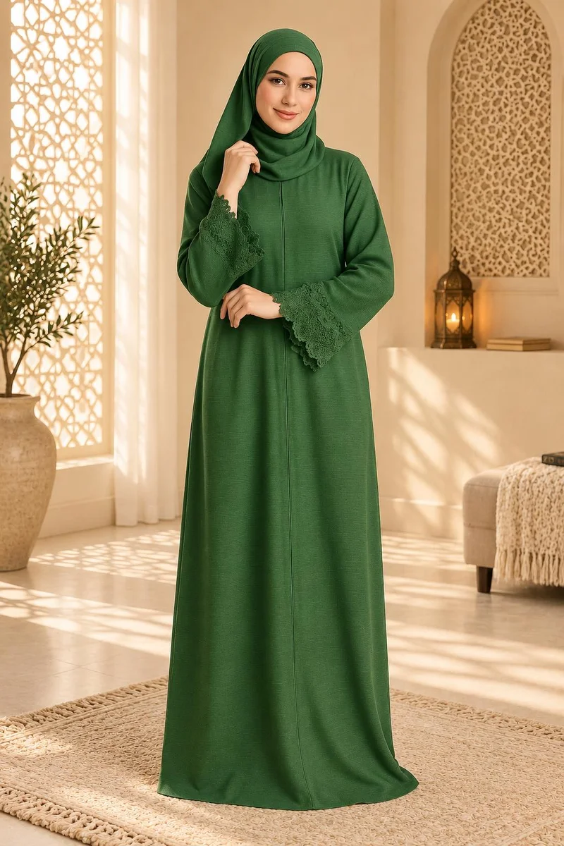 أرتيميا Green Premium Lace embellished zipper style Women's Prayer dress with Hijab