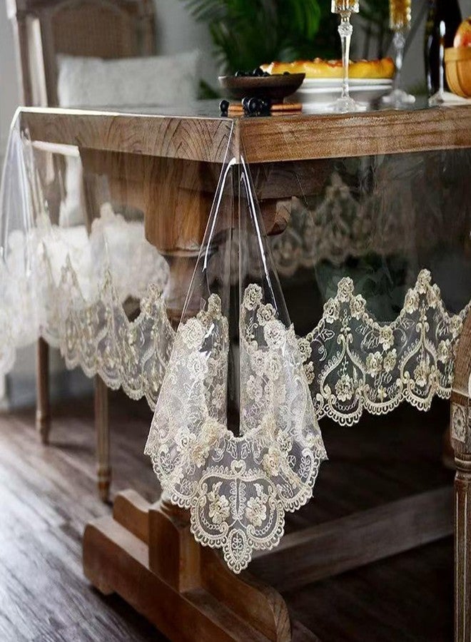 Jusmate Clear Vinyl Tablecloth Protector Transparent PVC Lace Border Plastic Waterproof Oil-Proof Round Table Cover for Kitchen Home Dining Holiday Decoration (Champagne, Round 70 Inch) - Image 3
