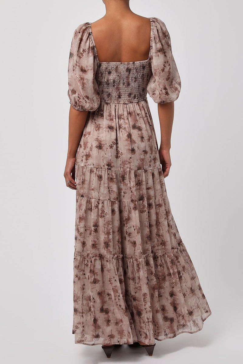 Lulus Madison Ruched Bodice Maxi Dress for Women Blurred Floral Print A-Line Fall Maxi Dress with Puff Sleeves, Tiered Skirt & Smocked Back Fit - Image 2