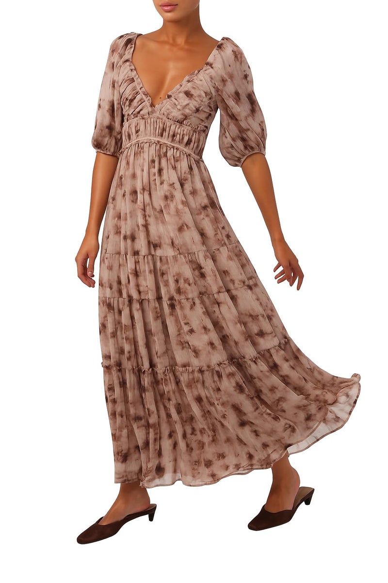 Lulus Madison Ruched Bodice Maxi Dress for Women Blurred Floral Print A-Line Fall Maxi Dress with Puff Sleeves, Tiered Skirt & Smocked Back Fit - Image 1