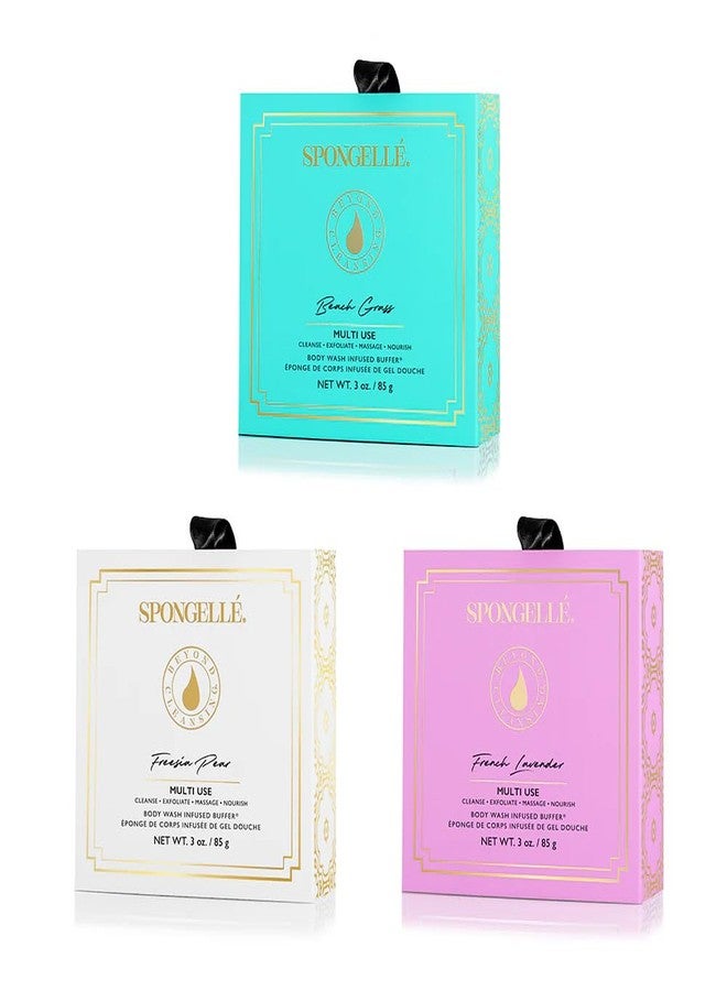 SPONGELLÉ Spongelle Wild Flower Buffer Body Scrubber Bundle with Box | Bath & Shower Loofah for Women | Exfoliator with Body Wash Infused | 14+ uses (Beach Grass, French Lavender, Freesia Pear) - Image 1