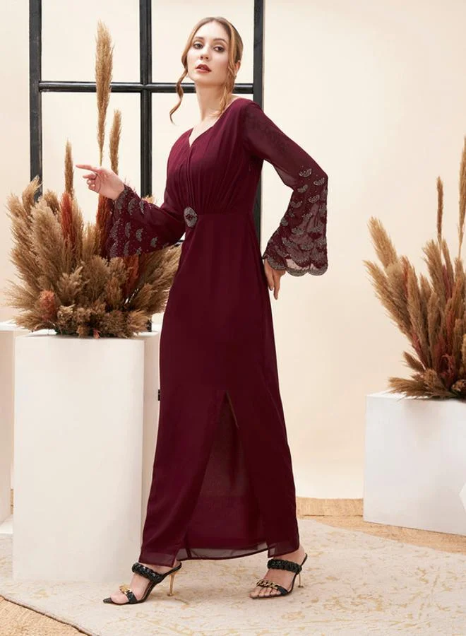 Mish Maroon Embroidered Bell Sleeve Maxi Dress