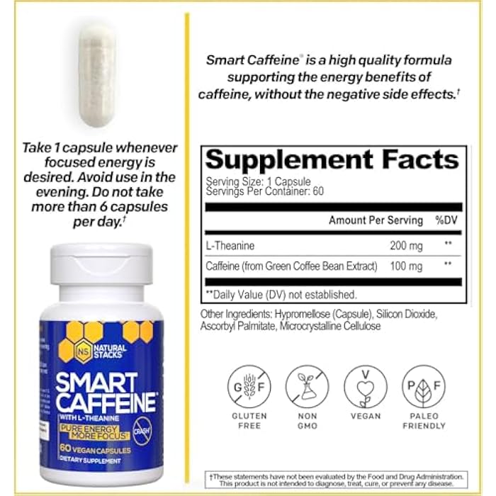 NATURAL STACKS Smart Caffeine Pills - 100mg Caffeine + 200mg L-Theanine Supplement - Supports Energy and Focus - No Jitters and No Crash - 60 Capsules - Image 2
