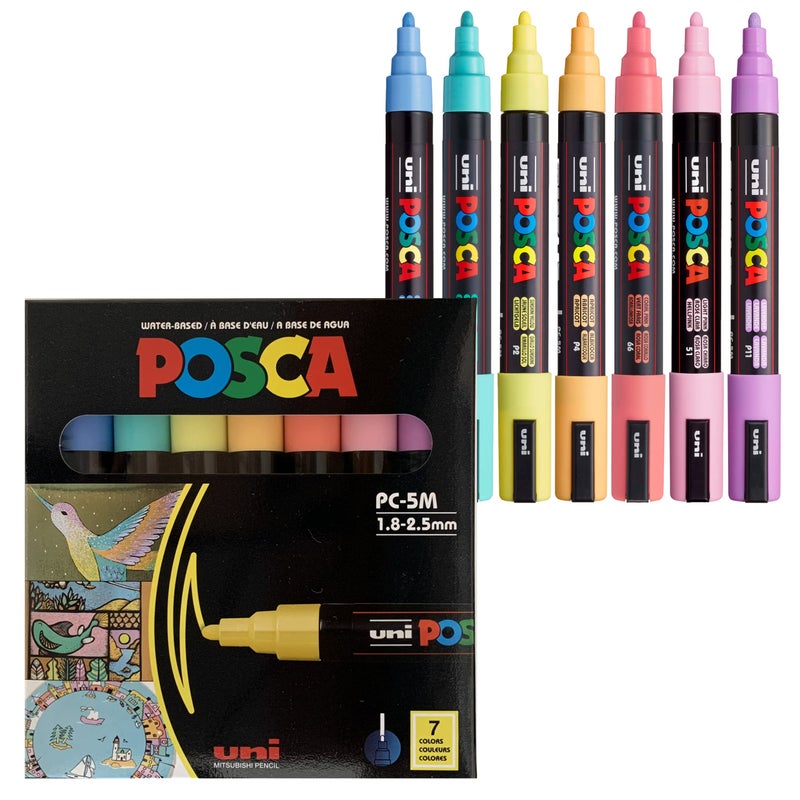 Uni 7 Pastel Posca Paint Markers, 5M Medium Posca Markers with Reversible Tips, Acrylic Paint Pens | Posca Pens for Art Supplies, Fabric Paint, Fabric Markers, Paint Pen, Art Markers - Image 1