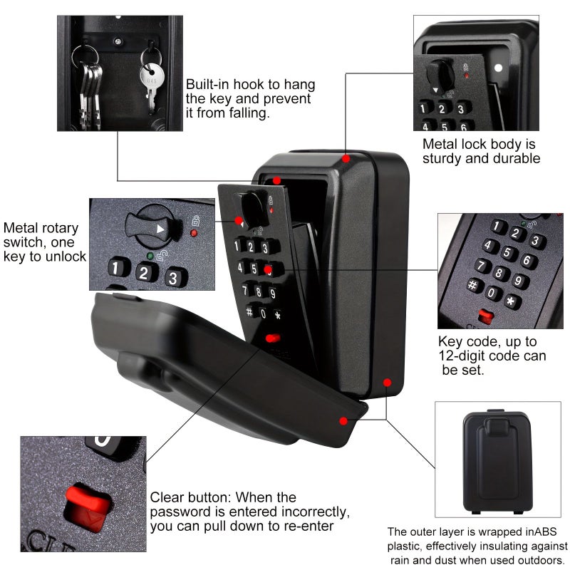 8109-black Key Lock Box Wall Mount with Code 12-Digit Combination Key Storage Box Spare Hider for Home Garage Waterproof Extra Large Key Safe for Keys Outdoor - Image 5