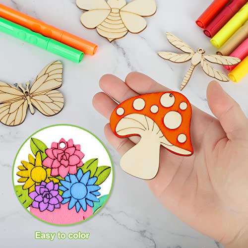 Sophena 80PCS Wooden Spring Ornaments to Paint, 8 Styles DIY Blank Unfinished Wood Cutouts Ornament for Home Crafts Hanging Decorations, Insect Dragonfly Butterfly Snail Watering Can Mushroom Flower Shape - Image 2