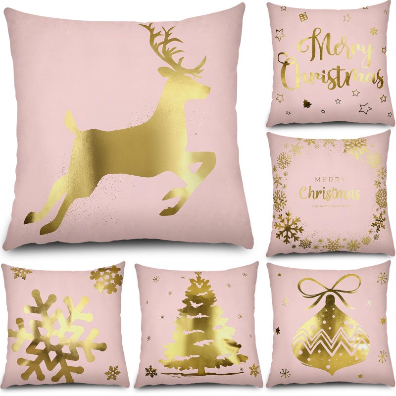 Tatuo 6 Pcs Christmas Pillow Covers Cushion Covers Decoration 18 x 18 in Christmas Pillow Cover Winter Holiday Decor Throw Pillow Case for Sofa Couch Xmas Office Bedroom Decorations(Pink  Gold) - Image 1