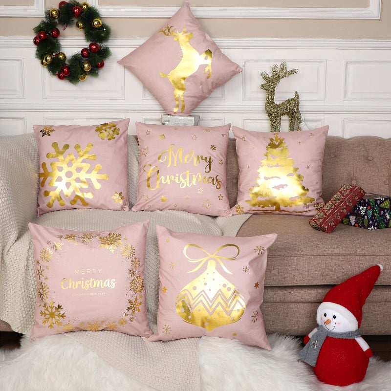 Tatuo 6 Pcs Christmas Pillow Covers Cushion Covers Decoration 18 x 18 in Christmas Pillow Cover Winter Holiday Decor Throw Pillow Case for Sofa Couch Xmas Office Bedroom Decorations(Pink  Gold) - Image 3