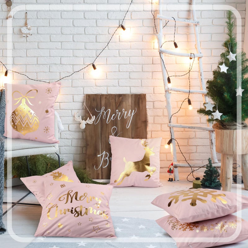 Tatuo 6 Pcs Christmas Pillow Covers Cushion Covers Decoration 18 x 18 in Christmas Pillow Cover Winter Holiday Decor Throw Pillow Case for Sofa Couch Xmas Office Bedroom Decorations(Pink  Gold) - Image 5