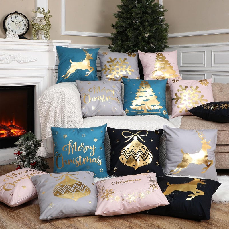 Tatuo 6 Pcs Christmas Pillow Covers Cushion Covers Decoration 18 x 18 in Christmas Pillow Cover Winter Holiday Decor Throw Pillow Case for Sofa Couch Xmas Office Bedroom Decorations(Pink  Gold) - Image 4