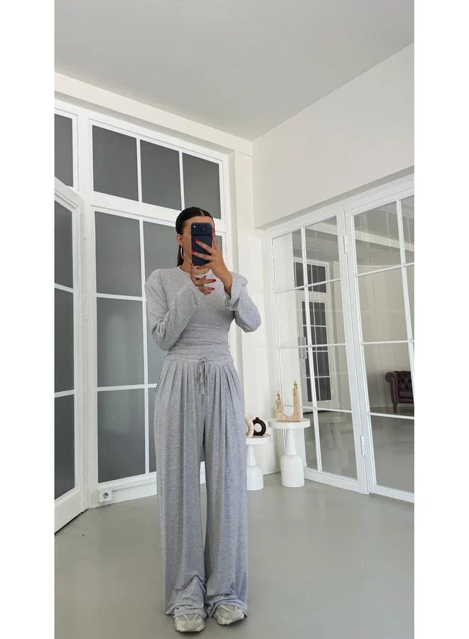 Gray V-neck adjustable waist blouse with elastic waist pants two-piece set GAUS-01872.