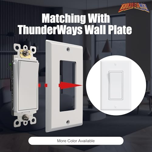 ThunderWay Single Pole Decorator Wall Light Switch with Wall Plate, 15A 120V/277V, On/Off Paddle Switch, Residential Grade - UL Listed, White (10) - Image 5
