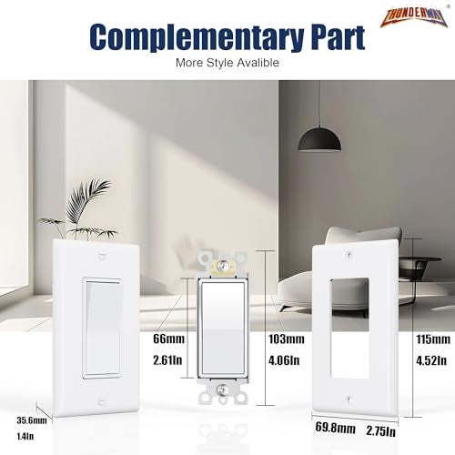 ThunderWay Single Pole Decorator Wall Light Switch with Wall Plate, 15A 120V/277V, On/Off Paddle Switch, Residential Grade - UL Listed, White (10) - Image 4
