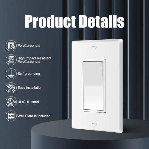 ThunderWay Single Pole Decorator Wall Light Switch with Wall Plate, 15A 120V/277V, On/Off Paddle Switch, Residential Grade - UL Listed, White (10) - Image 2