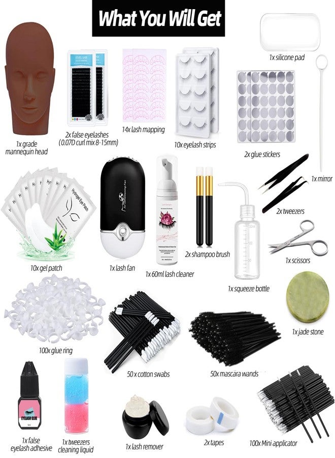 دي ان اس جوور مجموعة تركيب الرموش الاحترافية، مستلزمات تدريب للمبتدئين، رأس مانيكان، مروحة USB لتركيب الرموش، فرشاة شامبو للرموش، بخاخ، مزيج تجعيد 0.07D، شرائط رموش للتدريب من 8 إلى 15 مم - Image 2