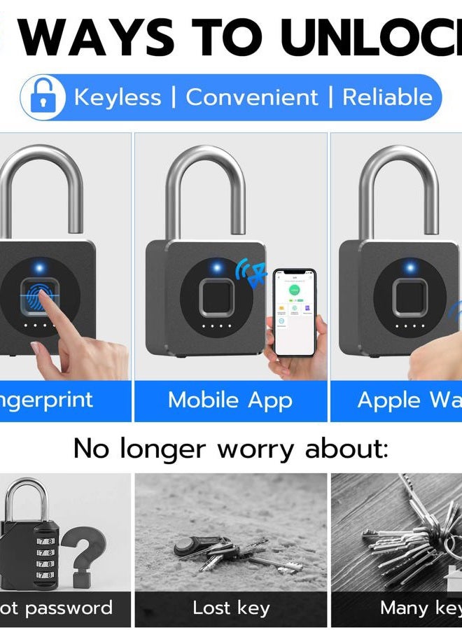 Elinksmart Fingerprint Gym Locker Lock, Keyless Biometric Padlock, Weatherproof Electronic Digital Bluetooth App Smart Combo Pad Lock for Outdoor Fence Gate School Locker Storage Pool Shed - Black - Image 2