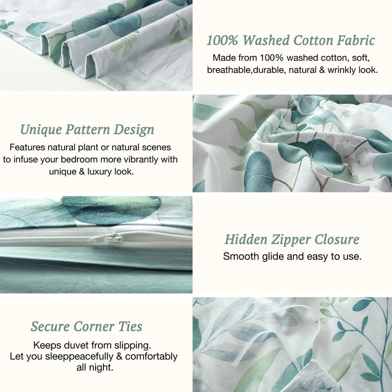 MILDLY Duvet Cover Leaf Pattern- 100% Washed Cotton Eucalyptus Printed Sage Green Comforter Cover Linen Feel Bedding Set with Zipper Closure 4 Ties Queen Size - Image 4