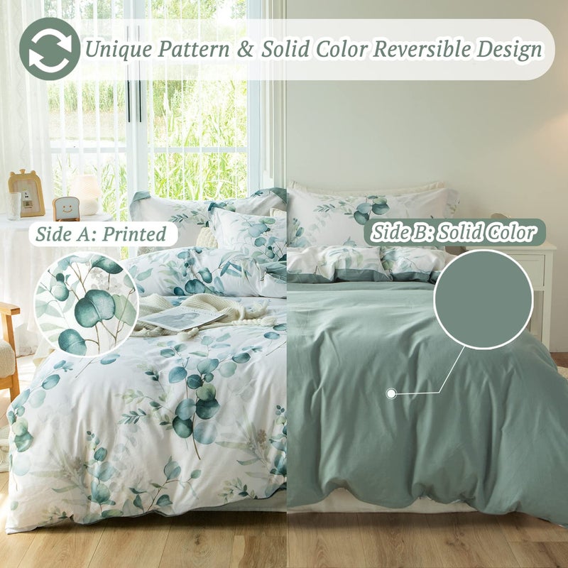 MILDLY Duvet Cover Leaf Pattern- 100% Washed Cotton Eucalyptus Printed Sage Green Comforter Cover Linen Feel Bedding Set with Zipper Closure 4 Ties Queen Size - Image 3
