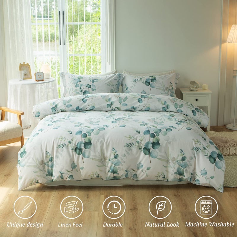 MILDLY Duvet Cover Leaf Pattern- 100% Washed Cotton Eucalyptus Printed Sage Green Comforter Cover Linen Feel Bedding Set with Zipper Closure 4 Ties Queen Size - Image 2