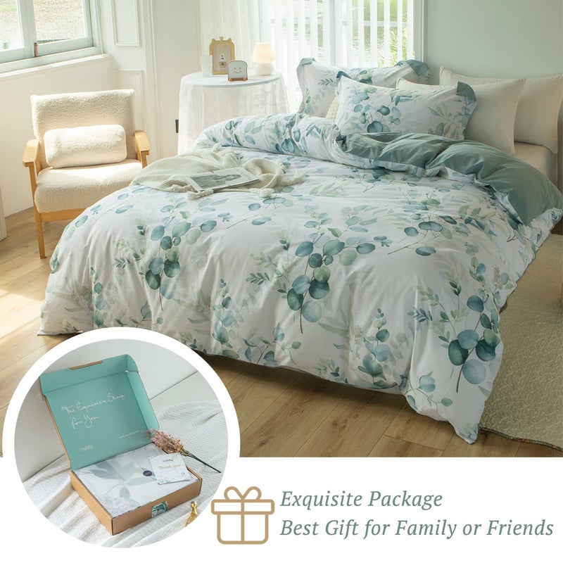 MILDLY Duvet Cover Leaf Pattern- 100% Washed Cotton Eucalyptus Printed Sage Green Comforter Cover Linen Feel Bedding Set with Zipper Closure 4 Ties Queen Size - Image 5
